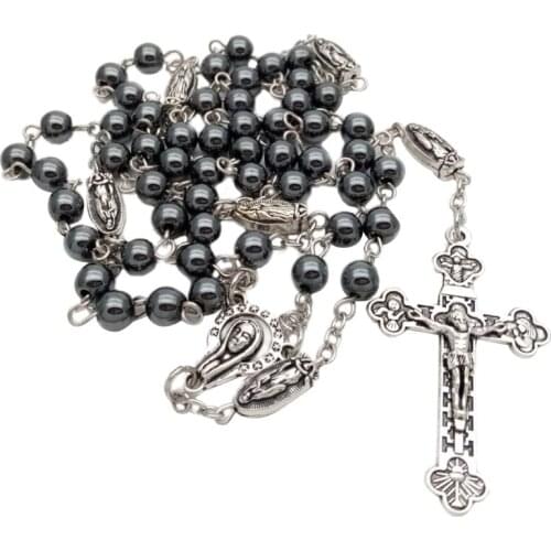 Vintage Religion Rosary Necklace Hematite Stone Round Beads Chain with Jesus Cross Pendant Necklace Catholic Jewelry