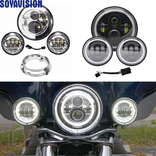 7inch LED Headlight white DRL, 4.5inch Halo Fog Lights , Adapter Ring for Touring Electra Glide Road King Street Glide