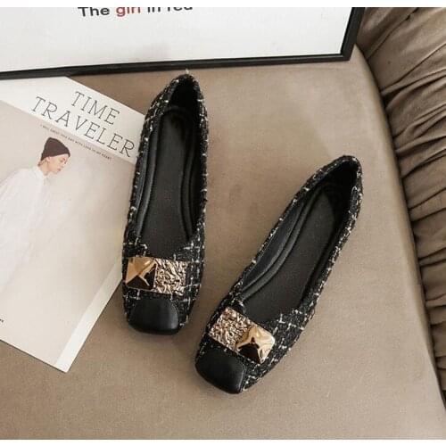 Metal Decoration Women Flats Black Ballet Flats Woman Loafers Square Toe Slip on Fashion Flat Casual Shoes Woman Zapatos Mujer