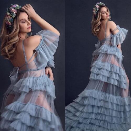 Pregnant Women Prom Dresses Backless Short Sleeves Robes for Photo Shoot or Baby Shower Custom Made Maternity Tulle Fluffy Robe