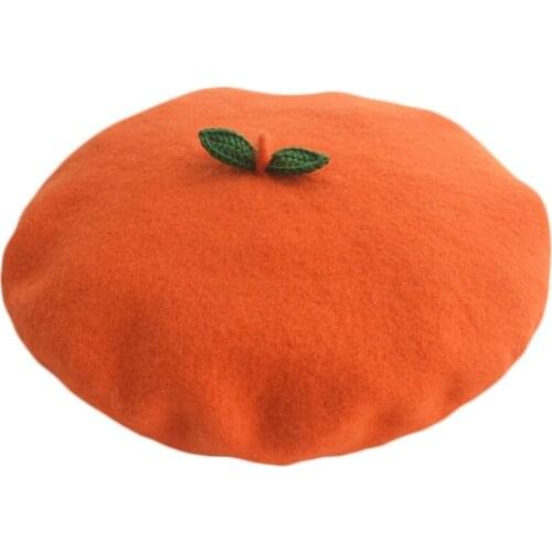 Women Kids Winter Faux Wool Stretchy Beret Cap with Cute Green Leaves Japanese Kawaii Cartoon Orange Fruit Painter Hat