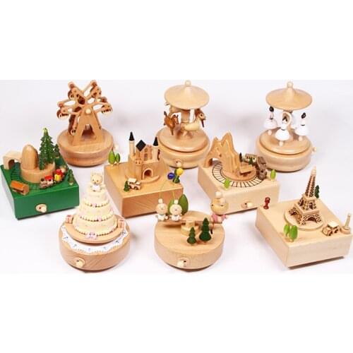 Wooden Artware Solid Wood Music Box Classical Rotating Spring Building Music Box Creative Birthday Gift 1 Piece Free Shipping