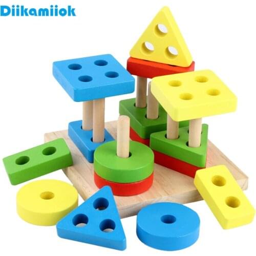 Kids Wooden Blocks Four Column Geometric Shape Color Matching Games Wood Toy Baby Early Learning Educational Toys for Children