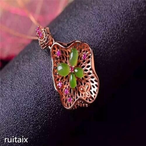 KJJEAXCMY boutique jewels S925 Pure silver inlay natural jasper lady pendant + necklace petal floral spinach green jewelry plan