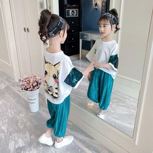 2020 Summer Kids Girls Clothing Sets Children Clothes Sport Suit For Teenager Sequins Print Shorts Clothes Sets Girls Tracksuit