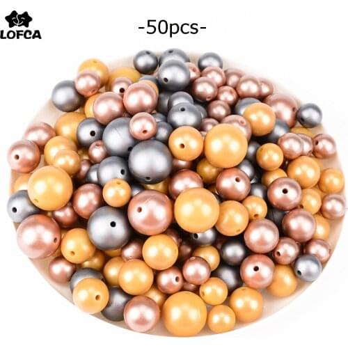 LOFCA 50PCS Silicone Beads Metallic Silver/Glod/Copper Print 12mm/15mm/19mm Teething Round Colorful DIY For Infant Baby Colorful