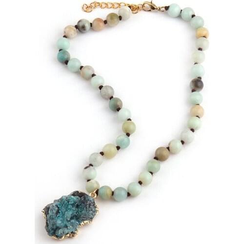 Fashion Bohemian Tribal Artisan Jewelry knotted Amazonite Stones Short Blue Green Stone Charm Pendant Chokers Necklace