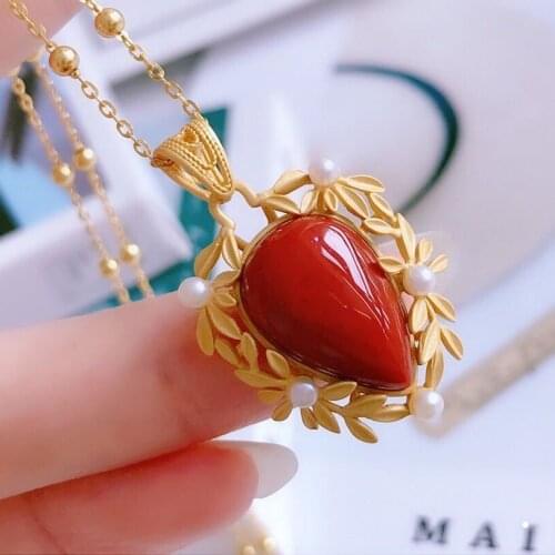Natural South Red Agate Silver Inlaid Drop-Shaped Chinese Style Retro Charm Light Luxury Charming Pendant Pearl Necklace