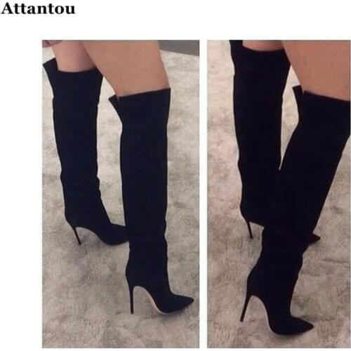 Autumn Winter Long Boots Black Suede Over the Knee Boots Sexy Pointed toe High Heel Boots for Woman zapatos mujer