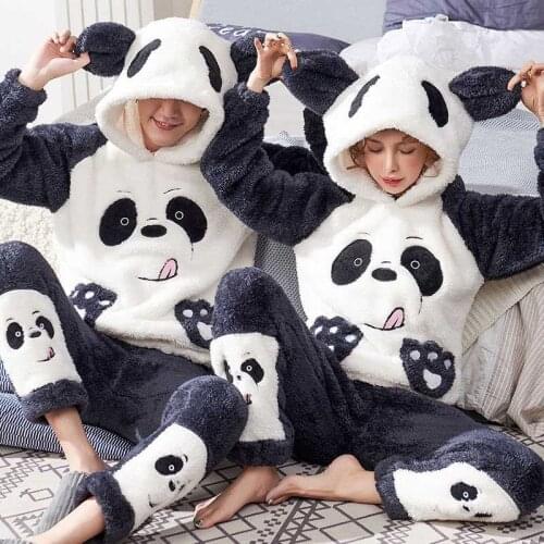 Unisex adult couple pajamas men winter velvet sleepwear 2 pieces warm flannel pajamas set animal cartoon cute home clothes