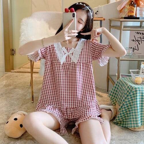 Pyjamas Set ladies Sleepwear Pijama Suit Female Sleep Two Piece Set Female short sleeved Cute Loungewear Womens Cotton Pajamas