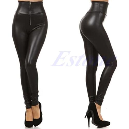 Sexy Lady Woman Faux Leather Leggings Zip Up Patchwork High-Waist Elastic Pants F42F