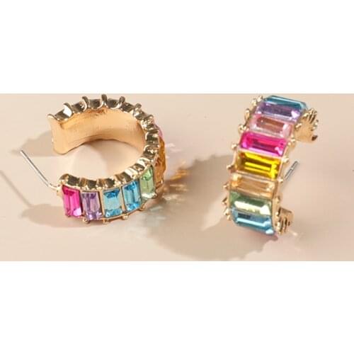 New Design Glass C Shape Earrings for Women Trendy Multicolor Crystal Rhinestone Statement Stud Earrings Boho Wedding Jewelry