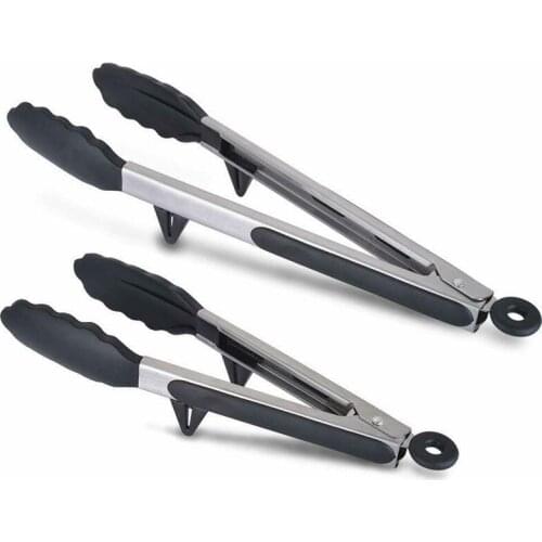 Silicone Tip Tongs with Built-in Stand Kitchen Tong Non-Stick Stainless Steel Heat Resistant Food Tongs 9"/12" for Cooking BBQ