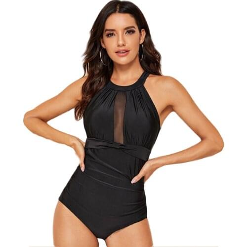 Off Shoulder One Piece Swimsuit With Sexy Solid Black Hollow Mesh Design For Women Girls Beach Swimming Wear