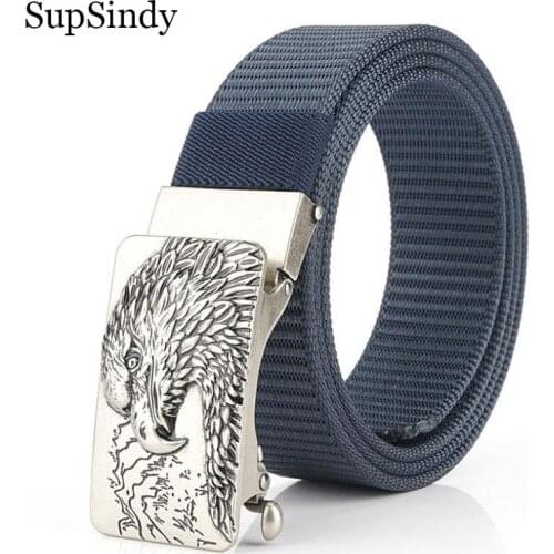 SupSindy Mans nylon belt luxury Eagle metal automatic buckle Canvas Belts for men fashion jeans belt outdoor casual male strap