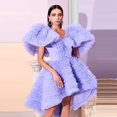 Vestido curto 2021 Light Purple Homecoming Dresses High Low Short Tiered Tulle Capped Sleeves School Galal Party Skirts