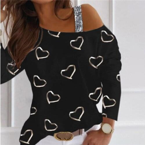 2021 New Ladies Top Good Quality Fashion Hot Selling Womens Clothes Love Print Halter Strapless Sexy Long Sleeve Casual T-Shirt