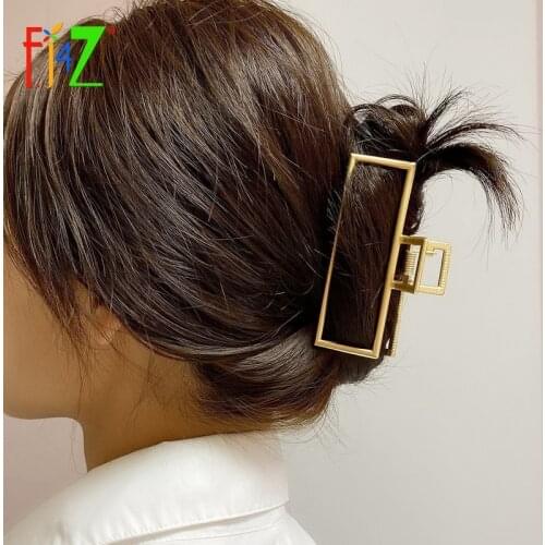 F.J4Z New Hot Hair Holders Ins Popular Womens Hair Claws Oversize Golden Alloy Rectangle Geometric Hair Clips Jewelry