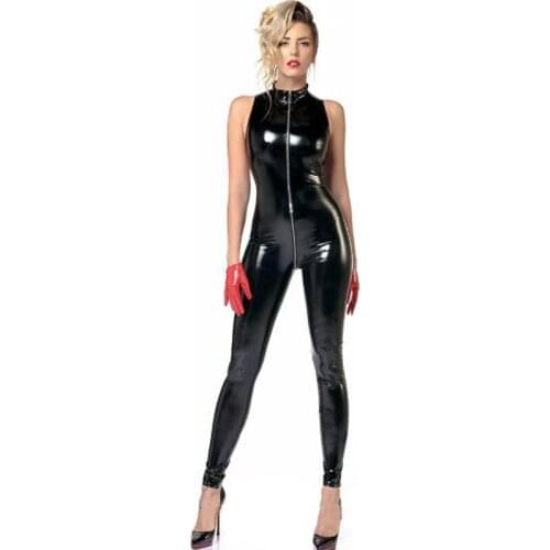 Plus Size Sexy Sleeveless PVC Catsuit Women Zipper To Crotch Bodycon Jumpsuit Wet Look Cosplay Costume Nightclub Party Uniform