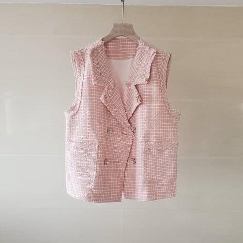 High Quality 2021 Runway Designer Summer Women Sleeveless Office Work Tassel Jackets Fashion Pearls Button Tweed Vests Coat