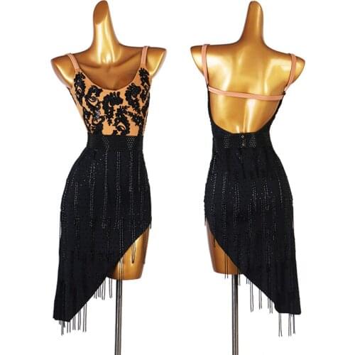 2021 Sexy Backless Latin Dance Sling Dress Female Sequins Cha Cha Performance Stage Costume Tassel Competition Clothing VDB3823
