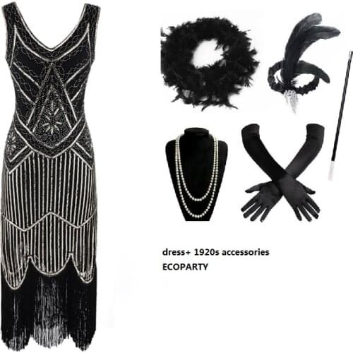 Womens 1920s Flapper Sequin Beads Dress with Roaring 20s Gatsby Accessories Set for Party boa headband necklace cigar holder glo