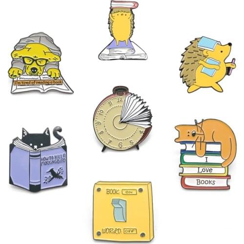 Read A Book Hedgehog Alarm Clock Dog Cat Animal Cartoon Pins Badge Metal Brooch Lapel Pins Alloy Metal Fashion Jewelry Girls