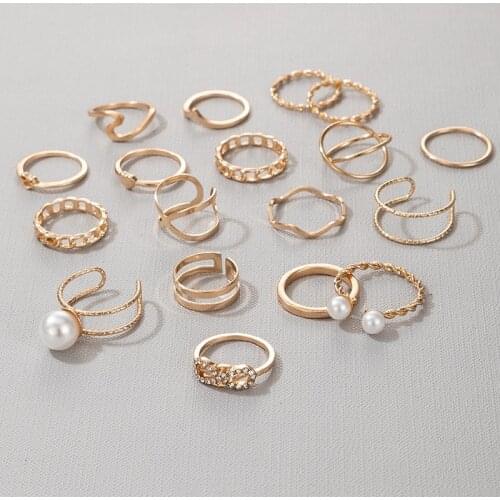 18pcs/set Fashionable Geometric Simple Pearl Love Open Ring of Joint Ring Womens Bohemian Party Wedding Jewelry Accessories