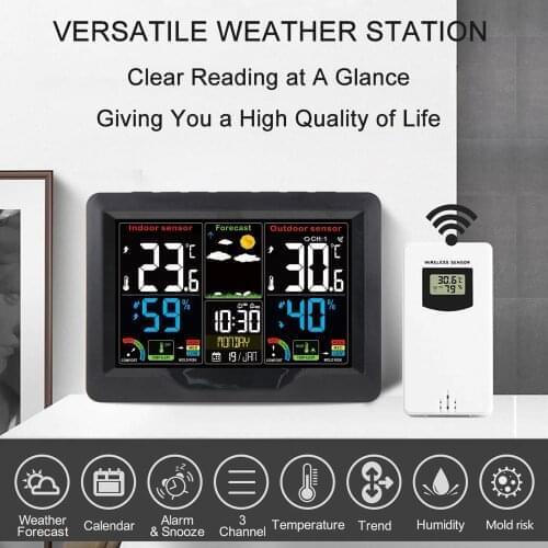 Wireless Weather Forecast Station Clock RF Color Screen Clock with RF Transmitter Digital Temperature and Humidity Detection