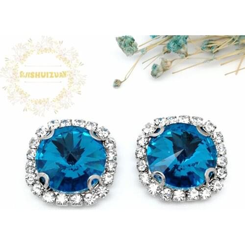 Turquoise blue ROUND Glass Crystal sew on rhinestones with Crystal buckle claw Diy wedding dress accessories Free shipping