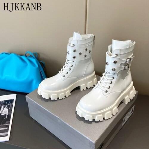 Solid Color Genuine Leather Top Quality Ankle Boots Women Round Toe Lace Up Martin Boots Back Zip Super Cool Motorcycle Boots