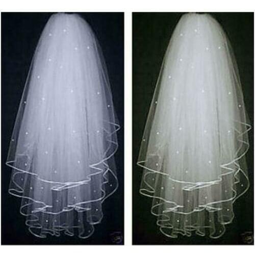 Fingertip Lenght 3T White/ Ivory Tulle Pearl Wedding Bridal Veil With Comb