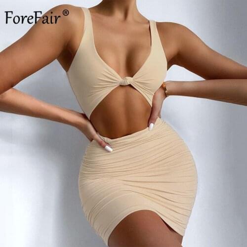 Forefair Spaghetti Strap Off White Elegant Sexy Mini Dress Bodycon Club Party Cut Out Women Dresses Ruched Outfits 2021 Fashion