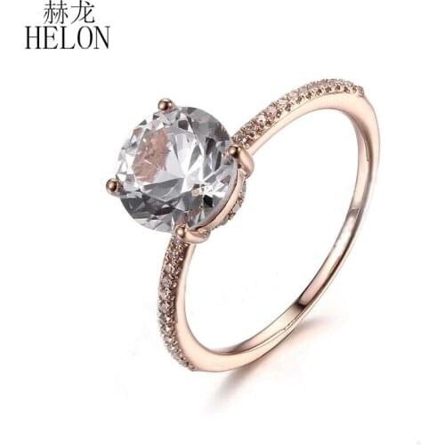 HELON Solid 10K Rose Gold Flawless Round 8mm Genuine White Topal Diamond Engagement Ring Women Wedding Trendy Gemstone Jewelry