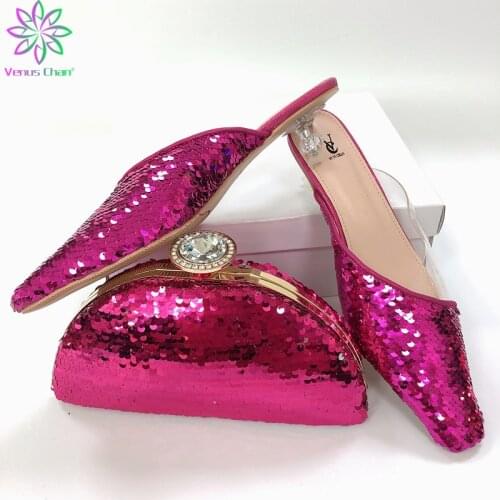 Fuchsia Color Shoes and Bag Set Decorated with Rhinestone Nigerian Women Wedding Shoes and Bag Set African Shoes and Bag Sets