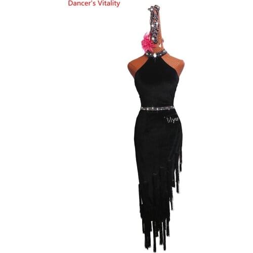 Latin Dance Competition Costumes Performance Clothing Performance Women Black Velvet Shoulders Luxury Diamond Sexy Dress