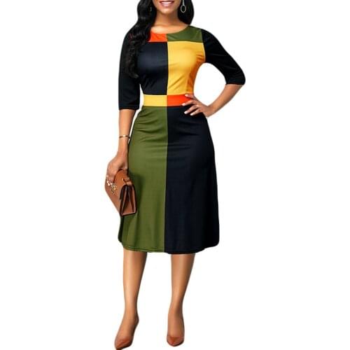 Vintage Sexy Geometric Patchwork Dresses Women 2020 Summer Autumn Casual Plus Size Elegant Slim Office Long Party Dress 5XL