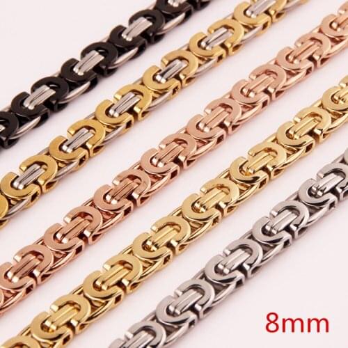 Multiple Color 8MM Charms Stainless Steel Silver Color/Rose Gold/Black Byzantine Flat Chain Men Women Necklace Or Bracelet 7-40"
