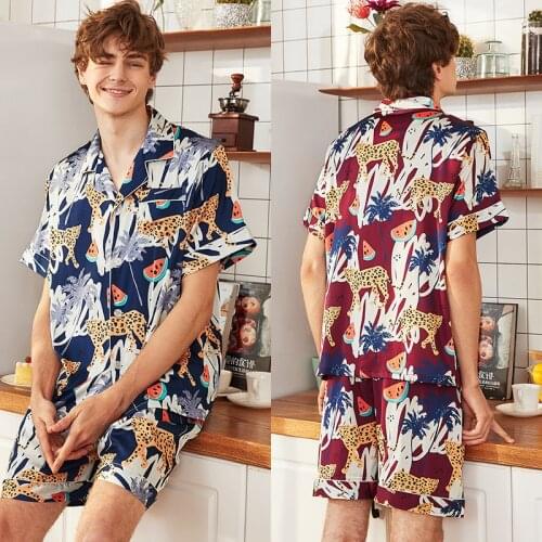 SAMWESTART Mens Stain Silk Pajamas Stes Summer Classic Short Sleeve Pajamas Men Leopard pajama short for men