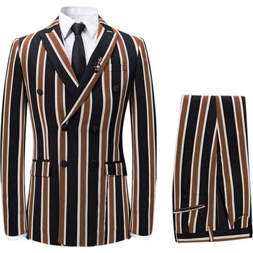 Men Stripped Suit Business Wear Blazer Suits men Casual Double Breasted Coat Slim Fit long Pants +Jacket 3 Piece Set XS-5XL
