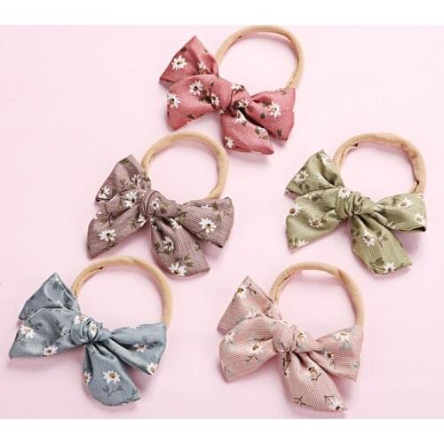 Floral Prints Bows Nylon Headbands,Cute Fabric Knotbows Elastic Nylon Hairbands,Baby Girls Headwear