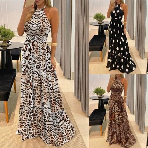 2021 New Women Summer Maxi Dress, Leopard Print/Butterfly/Polka Dot Halter Neck Backless Full-Length Skirt for Girls
