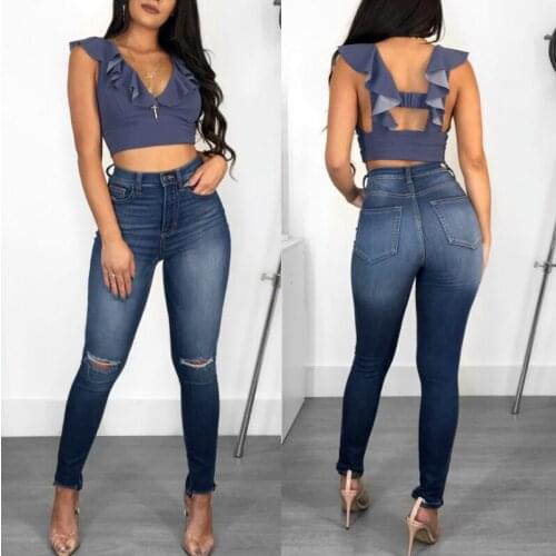 Fall New Ladies Jeans with Ripped Feet Tassels Blue Womens Small Feet Casual Slim-fit Buttocks Fashionable Denim Trousers WS149