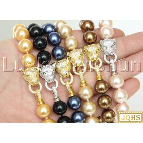 JQHS AAA 18" 12mm round pink navy blue coffee champagne golden black south sea shell pearls necklace leopard clasp j13101