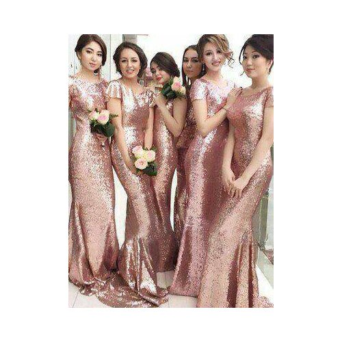 Elegant Rose Gold Sequin Mermaid Bridesmaid Dresses Long Ruffled Floor Length Custom Zipper Wedding Party Dresses