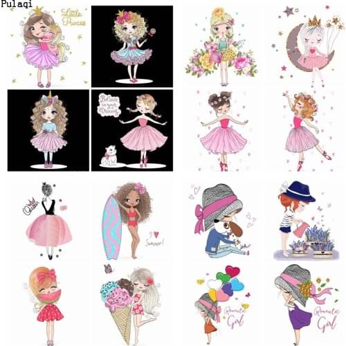 Pulaqi Cute Girl Heat Transfer Vinyl Patch Kid Iron On Heat Transfers For Clothing Tshirt Baby DIY Ballet Girl Applique Washable