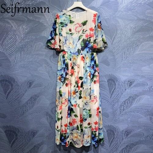 Seifrmann New 2021 Summer Women Fashion Runway Party Long Dress Short Sleeve High Waist Floral Printed A-Line Dresses Vestidos