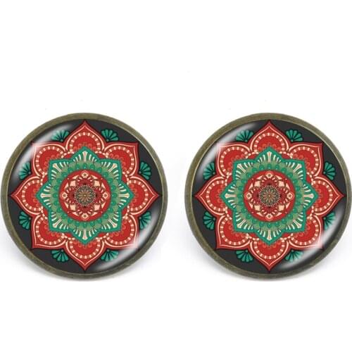 KARAIRIS Yoga Earrings Glass Cabochon Mandala Lotus Earrings OM Symbol Buddhism Stud Earrings zen Henna Jewelry for Women