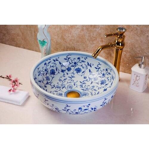 Blue and white Bathroom ceramic counter top sink wash basin rose pattern europe art basin vessel sinks countertops washing basin